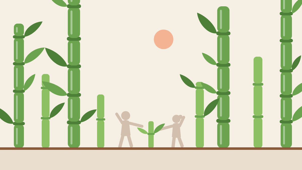 Illustrated bamboo grove with two kids playing, in Bambu Kids colors
